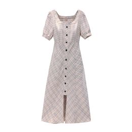 White Plaid Slash Neck Short Sleeve Fit And Flare Midi Dress Summer Elegant Vintage D1196 210514