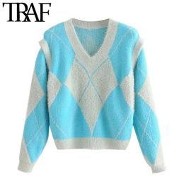 TRAF Women Fashion Argyle Pattern Loose Knitted Sweater Vintage V Neck Detachable Sleeves Female Pullovers Chic Tops 210415