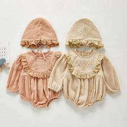 Spring Autumn Baby Girl Lace Rompers And Hat Long Sleeves Bodysuit born Clothes 210429