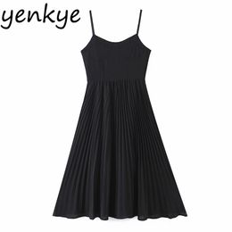 Summer Women Design Simplicity Black Dress Female Sleeveless Pleated Midi Vestido Sweet Ladies Holiday Party Dresses 210514