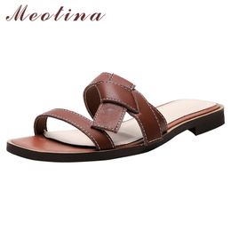 Meotina Leather Slippers Flat Sandals Square Toe Slip on Shoes Summer Slides Bow Ladies Beach Shoes Casual Footwear Brown 44 210520