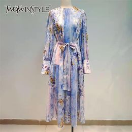 Hit Colour Midi Dress For Women O Neck Long Sleeve High Waist Lace Up Bowknot Vintage Dresses Female Fashion 210520