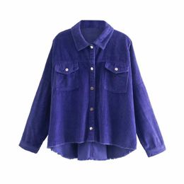 Tangada Women Purple Corduroy jacket coat turn down collar Ladies Long Sleeve loose oversize boy friend Coat 4M52 210609