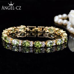 Dubai Yellow Gold Color Jewelry Oval Olive Green Crystal Connect Bling CZ Classy Ladies Bracelet Bangle For Women AB079 Link, Chain
