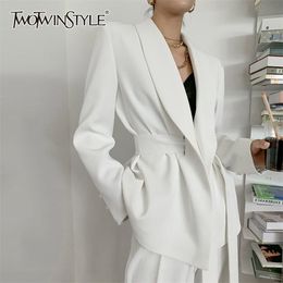 TWOTYLE Elegant White Blazer For Women Notched Long Sleeve Tunic Sashes Solid Minimalist Blazers Female Fashion Spring 211006