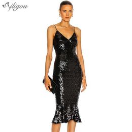 Summer Sling Bodycon Black Fishtail Dress Ladies Sexy Sleeveless Sequin Club Celebrity Banquet Vestidos 210525
