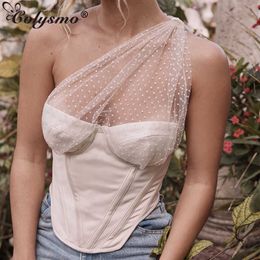 Colysmo Vintage Crop Top Women Boned Bustier One Shoulder Polka Dot See Through Mesh Summer Tops Sexy Corset Cropped White 210527