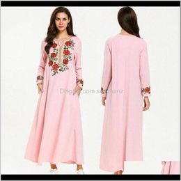 Ethnic Apparel Drop Delivery 2021 Abaya Muslim Islam Clothing Women Embroidery Cotton V-Neck Printed Long Sleeve Islamic Kaftan Arab Dress 1E