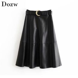 Women Chic PU Faux Leather Skirt With Belt Elegant A-line Black Midi Female Side Zipper Stylish s Faldas Mujer 210515