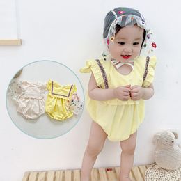 Toddler Baby Girl Fashion Summer New Clothes Cotton Navy Collar Bodysuit Kid Girl Soft Pattern Embroidery Bodysuits With Hat 210413