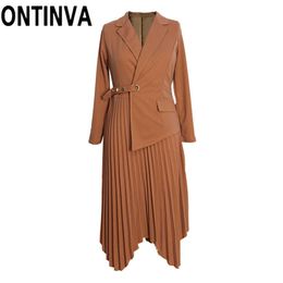 Office Lady Dress Elegant Sexy Notche Long Sleeve Irregular Pleated Suit Slim Fit Waist Belt Omighty es Spring Autumn 210527