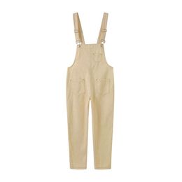 Khaki Bib Denim Overall Dungarees Full Length Pockets Women Spring Autumn Casual High Street Hole J0070 210514