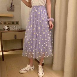 Summer Daisy Print Purple Skirt Female Long High-Waisted A- Line Skirt Elastic Street Wear 210412
