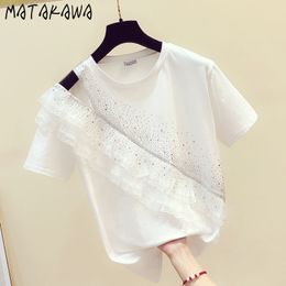 MATAKAWA Summer Korean Woman Tshirts Loose Ruffled Off-shoulder T-shirt Women Short-sleeved Fashion Top Short-sleeved T Shirt 210513