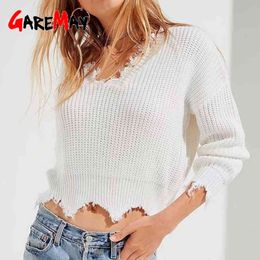 Oversized Knitted Sweater Women Deep V-neck Irregular Split Pullover Knitwear Autumn Winter Lady Jumper Plus Size 210428