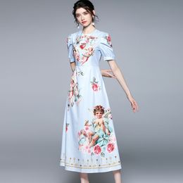 Summer Fashion Designer Vintage Dress Women Puff Sleeve Printed Boho Holidays Party Long Dress Robe 210518