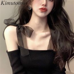 Kimutomo Women Sexy Off Shoulder Knitted Sweater Spring Autumn Korea Chic Female Slash Neck Solid Bow Lace Up Short Tops 210521