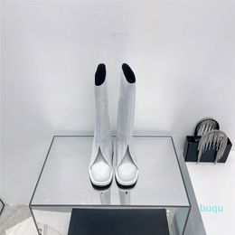Дизайнер - женские лоскутные ложные две части Mid-Top повседневные сапоги для похудения нож для ботинок ноги рома кожаные платформы платья