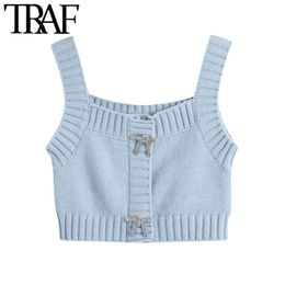 TRAF Women Fashion Rhinestone Buttons Cropped Knitted Tank Tops Vintage Square Collar Wide Straps Female Camis Mujer 210415