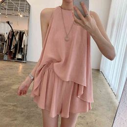 [EWQ] Korea Chic Elegant Round Neck Loose Hem Irregular Vest Top+high Waist Casual Pants Shorts Suit Women Pink Lady 2-piece Set 210423