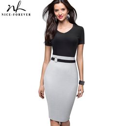 Nice-forever Vintage Elegant Contrast Colour Patchwork Work Ring vestidos Business Party Bodycon Office Women Sheath Dress B497 210419