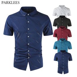 Men Silk Shirt Irregular Line Print Mens Shirts Button Slim Fit Men Clothing Summer Casual Business Men Dress Shirt Short Sleeve 210524