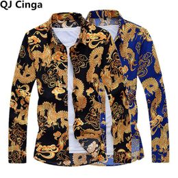 -Chemise de chemise imprimée de dragon chinois Chemises à côtés d'un seul bout à poitrine Mode Casual Top Bleu Noir Camisa Grande Taille S-5XL 6XL 7XL