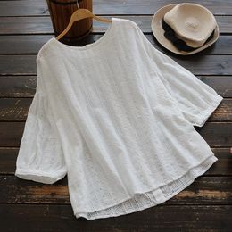 Big Size Summer Women Japan Style Simple Hollow Embroidery Shirt Female 3/4 Sleeve Cotton Blouse Tops Women's Blouses & Shirts