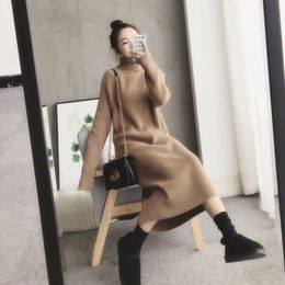 Korean Arrive Chic Design Turtleneck Long Sleeve Knitted Autumn Winter Fashion Solid Loose Sweater Dress 210514
