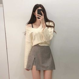 Korean Chic Fashion All-match Twist V Neck White Pullover Sweater Knit Tops Retro High-waist Tweed Irregular Skirt Autumn Sets 210610