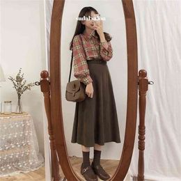 A Line solid Women Skirts Pleated MI-long Plus Size Knee Length Skirt Female Vintage Suede Jupe Femme Faldas Mujer 210621