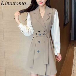 Kimutomo Elegant Notched Dresses Women Contrast Color Panelled Patchwork Slim Waist Office Lady Long Sleeve Vestido Elegante 210521