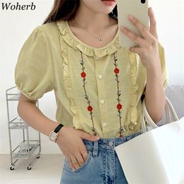 Korean Vintage Shirts Floral Embroidery Women Summer Chic Ruffle Blouse Femme Office Lady Elegant All Match Blusas Tops 210519