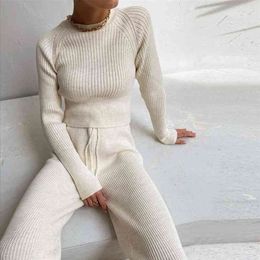Autumn Winter Fashion knit sweater suit two piece pants Warm Casual Sweater Suit Pullover women Women's Wide Leg Pants Sets 210508
