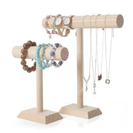 Portable Hard Wooden Bracelet Chain T-Bar Rack Jewellery Display Stand for Bangle Watch Necklace Home Organisation Holder Showcase 211105