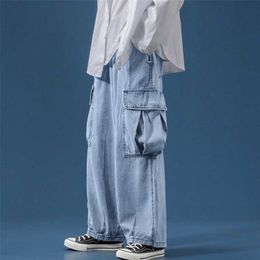 Wide-leg jeans men's autumn big pockets straight loose pants Hong Kong style trend wild drape mopping the floor old fashion 210715