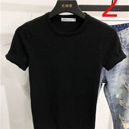 Short-sleeved T-shirt ice silk round neck embroidery men's tight black and white striped half sleeve summer 210420