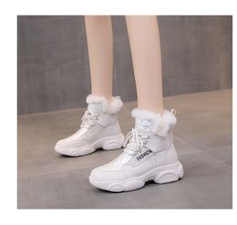 Winter Women Ankle Boots 7CM Heels High Top Wedge Boots Warm Fur Platform Leather Sneakers Cotton Snow Boots For Woman New 2022