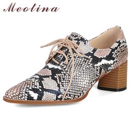 Meotina High Heels Women Shoes Sneak Print Thick High Heels Shoes Fashion Lace Up Pointed Toe Shoes Female White Plus Size 33-43 210608