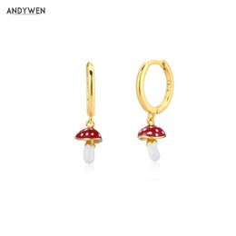 ANDYWEN 925 Sterling Silver Gold Enamel Red White Mushroom Drop Earring Piercing Clips Wedding Gift Rock Punk Fine Jewelry 210608