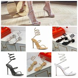 2022 4cm 8cm 10cm Sandals High heels Cleo crystal embellished satin margot jewel Snakelike twining rhinestone RENE CAOVILLA women summer thick heel stiletto