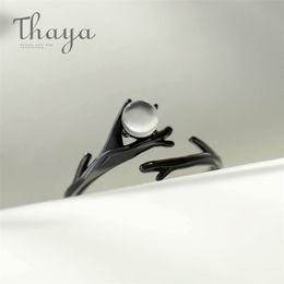 Thaya Original Moonlight Forest Design Finger Ring Moonstone Gemstone s925 Silver Black Branch Ring for Women Elegant Jewelry 220209