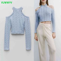Spring Blue Cable Knit Cropped Sweater Women Off Shoulder Short Woman Sweaters Long Sleeve Cut Out Casual Ladies Tops 210430