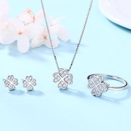 Jewelry Sets 100% 925 Sterling Silver Sparklling Four Lucky Clover Rings , Earrings & Necklace Jewellry Set Fashion Women Engagement Wedding Accessories