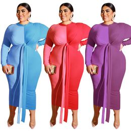 calf length dresses for women Canada - Casual Dresses Autumn Womens Round Neck Long Sleeve Dress Color Matching Contrast Tight Bag Hip Sexy Plus Size Mid-calf Length