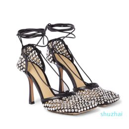 Autumn mesh diamond high heel sandals ladies open toe dress shoes 2021