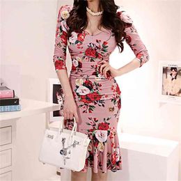 Womens Elegant Vintage Pinup Floral Print Lace Solid Business Casual Cocktail Party Bodycon Pencil Mermaid Dress 210603