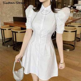 Puff Sleeve Shirts Dress Woman Summer with Necklace Slim Waist White es Clothing Turn-down Mini Female Vestido 210603
