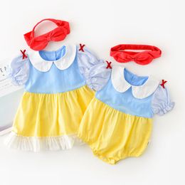 Summer Kids Girl Doll Collar Rompers + Hair Band Infant Baby born Dress Clothes 210429
