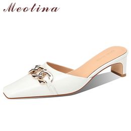 Meotina Genuine Leather Mules Chain Mid Heel Shoes Women Summer Square Toe Thick Heel Pumps Ladies Footwear White 210520